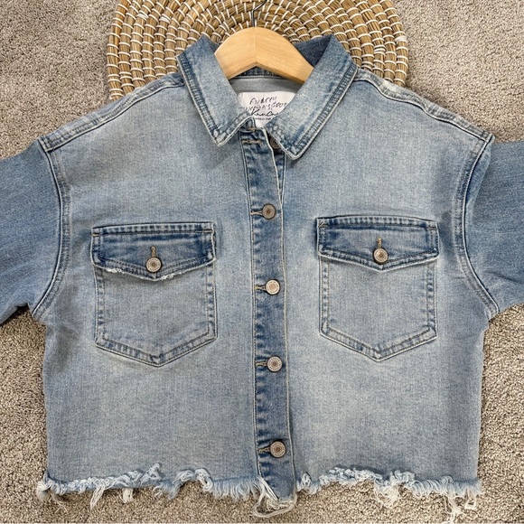 KanCan Jean Jacket Longsleeve Cropped Plaid Details Aligyn Frayed Hem Blue S - Picture 4 of 16